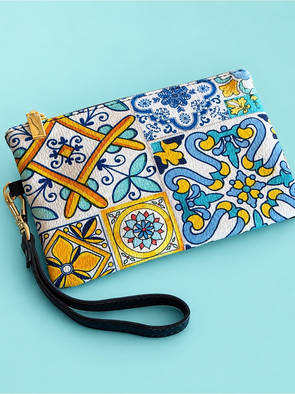 Italian Leather Tile-Print Wristlet Clutch - Blue & Yellow